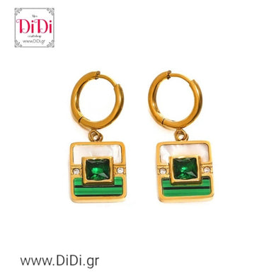 Σκουλαρίκια ατσάλινα κρίκοι με κρεμαστή 3,3cm, τετράγωνη πράσινη πέτρα, σε κίτρινο χρυσό 10062443